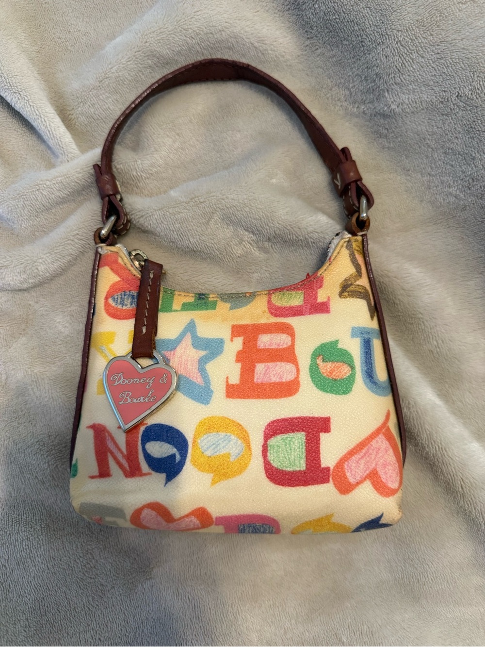 Dooney & Bourke Cream Multicolor Logo Mini Bag with Brown Trim